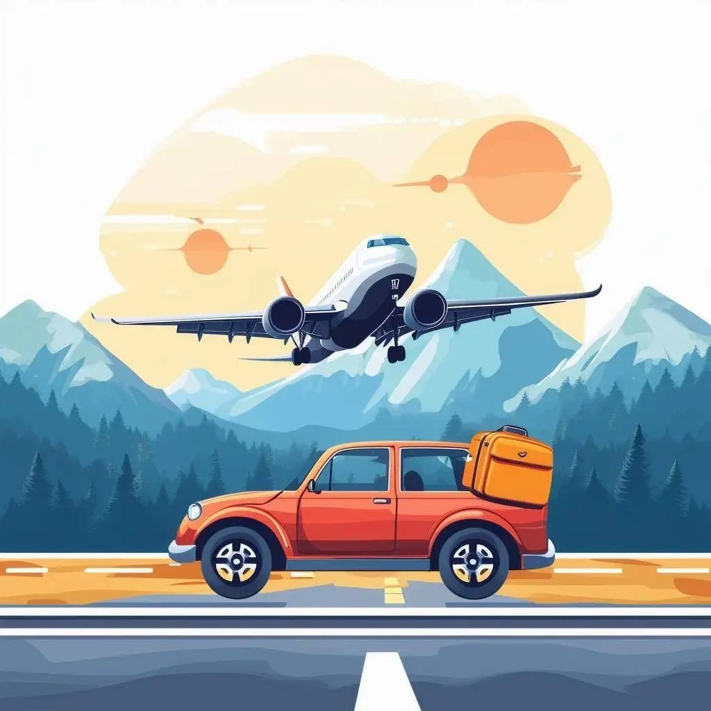 Traveling theme with car, airplane and mountains